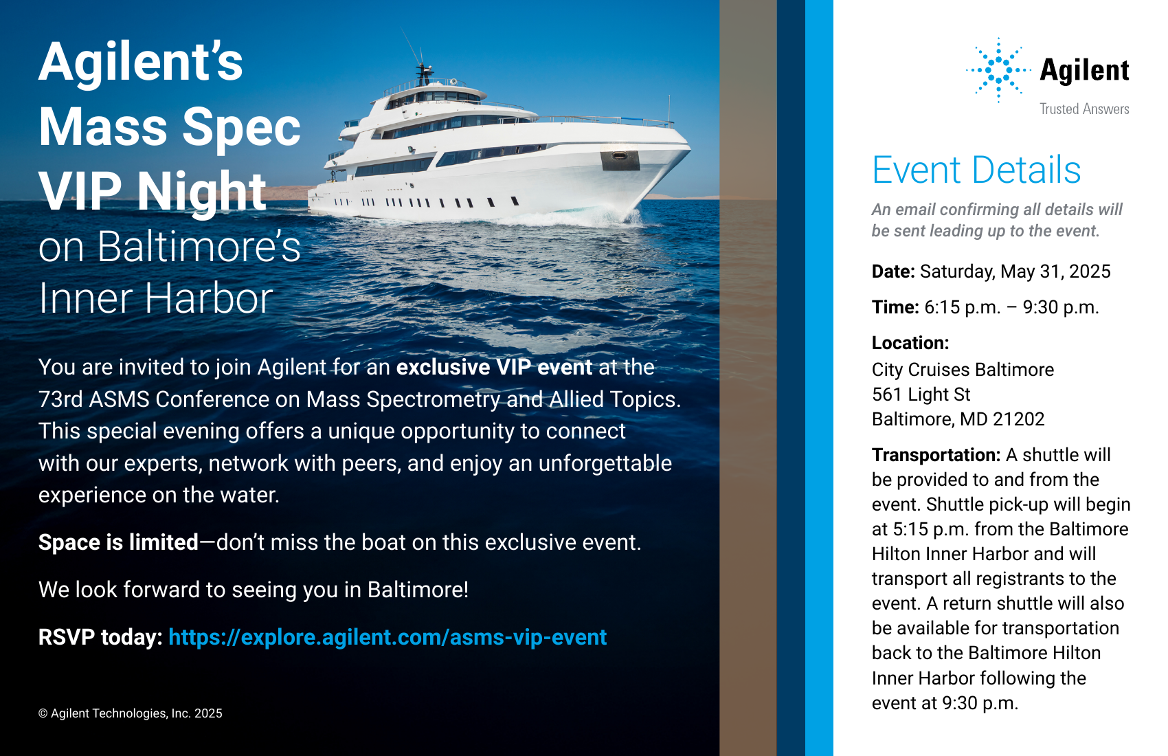 Agilent's Mass Spec VIP Night invitation for a customer cruise event on Baltimore's Inner Harbor