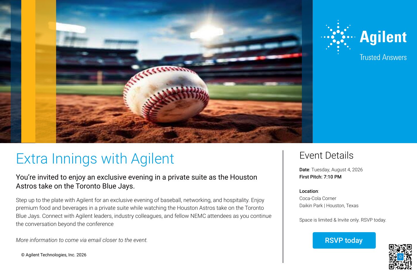 Extra Innings with Agilent invitation, private suite Astros game during NEMC